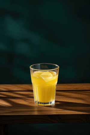 Orange juice in a glass on a wooden tableの素材