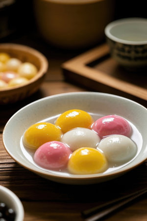 Close up of colorful glutinous rice balls in a bowlの素材