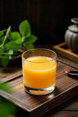 Fresh juice in a glass on a wooden trayの素材