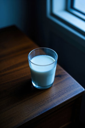 Milk in glass on a wooden tableの素材
