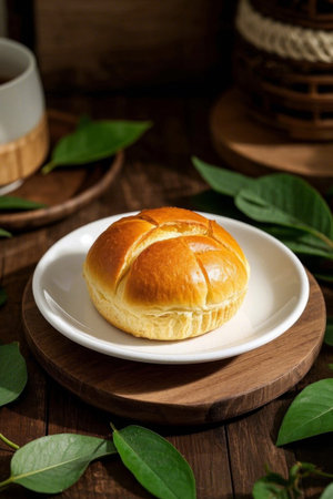 Delicious baked bread on a wooden plateの素材