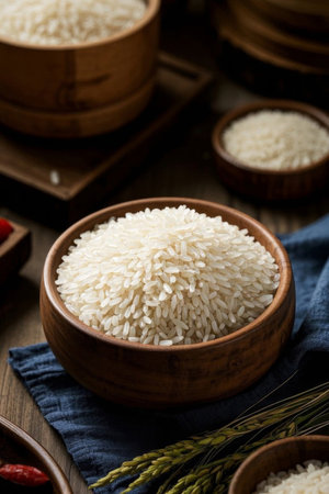 White rice in a wooden bowlの素材