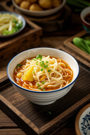 A bowl of delicious noodles on a wooden tableの素材