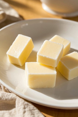 Close up of dairy products in chunks on a plateの素材
