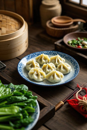 Delicious dumplings and side dishes on a Chinese tableの素材