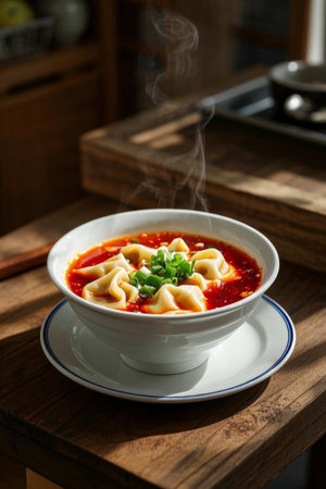 A bowl of red oil wontons on a wooden tableの素材