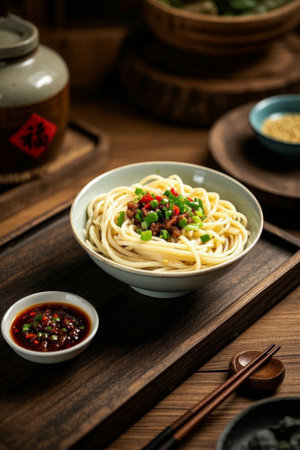 A bowl of delicious noodles for the Chinese tableの素材