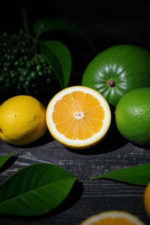 Staged close ups of various citrus fruitsの素材