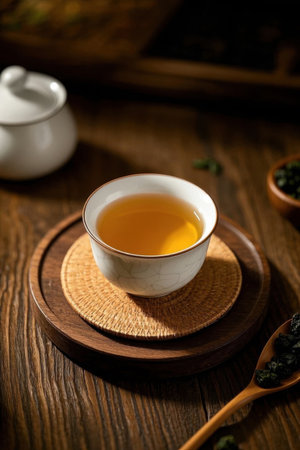 Teacup and tea leaves on wooden tabletopの素材
