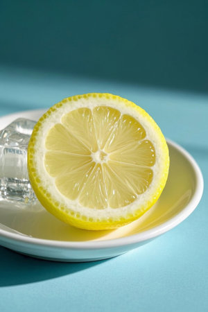 Close up of lemon slices and ice cubes on a plateの素材