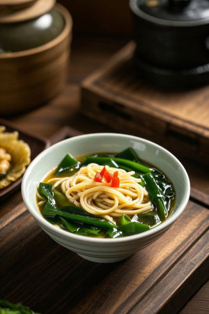 Close up of the delicious dish of green noodles in bowlsの素材