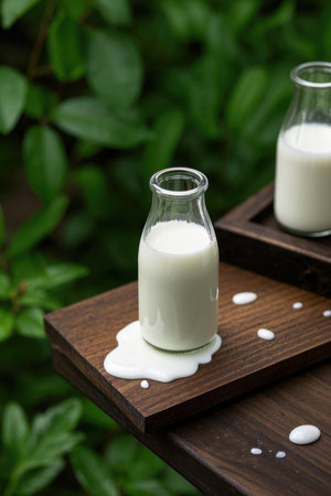 Milk in bottles glass on wooden traysの素材
