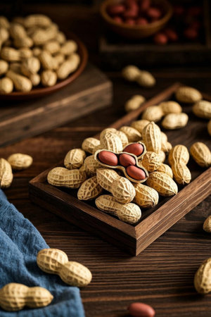 Fresh peanuts on a wooden plateの素材