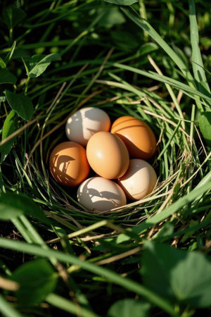 Close up of eggs in a bird's nest on a meadowの素材