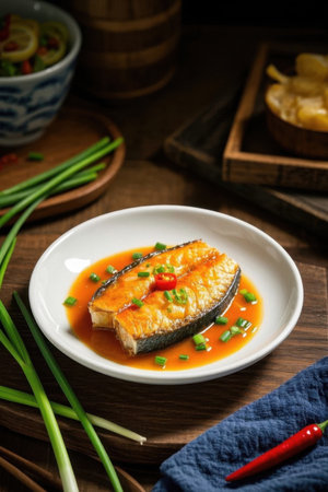 Delicious fish fillets cooked and flavored on a plateの素材