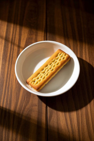 Close up of cookies in a white bowl on a wooden tableの素材