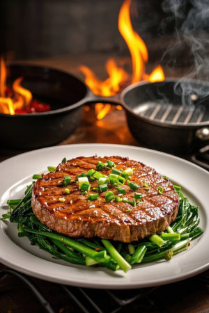 Steak on a plate with vegetables and flame backgroundの素材