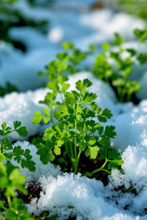 Close up of greenery under snow coverの素材