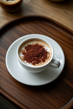 A cup of ground coffee on a wooden trayの素材