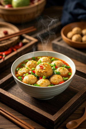 Close up of meatballs in hot soup on a wooden plateの素材