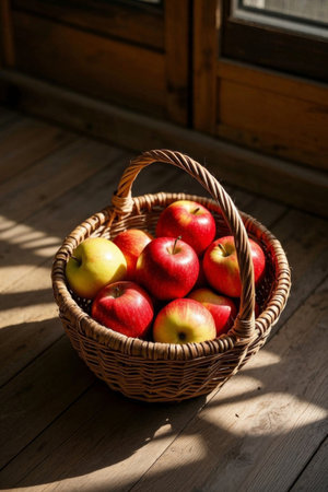 Fresh red apples in a wooden basketの素材