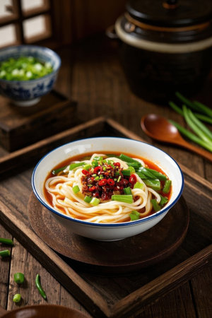 A bowl of delicious noodles on a Chinese wooden tableの素材
