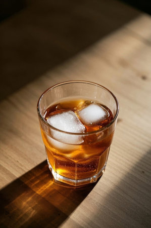 Iced drinks in glasses on wooden tableの素材