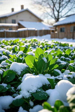 Outdoor green plant landscape covered with snowの素材