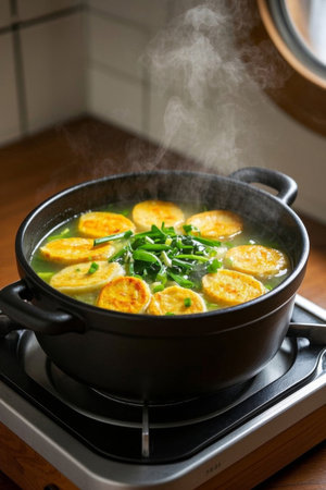 Food cooked in a pot on the stovetopの素材