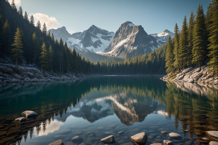 Quiet lake scenery in the mountains and forestsの素材