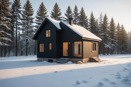 Winter scene in the forest cabin behind the snowの素材