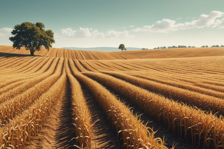 Golden wheat fields and lonely tree countrysideの素材