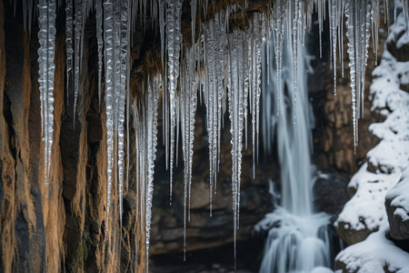 Ice landscape hanging by an outdoor waterfallの素材