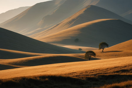 Hill grassland landscape at duskの素材
