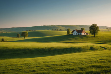 Cottage and meadow in idyllic sceneryの素材