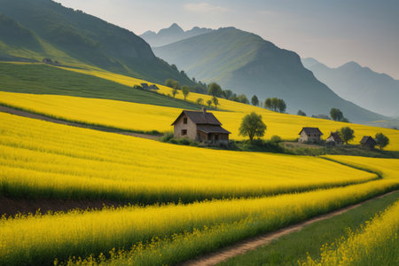 A hut in a field of yellow rapeseed flowers in the mountainsの素材