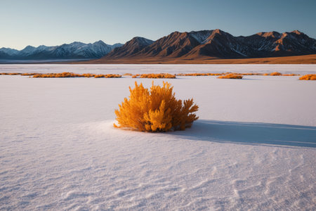 Yellow plants on the snow and distant mountainsの素材