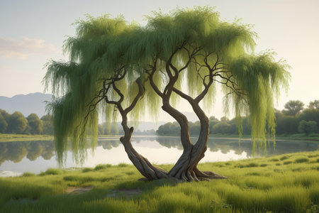 Weeping willow natural scenery by the lakeの素材