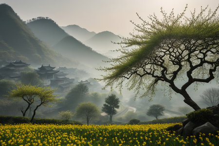 Ancient buildings in the mountains and pastoral scenery with rapeseed flowersの素材