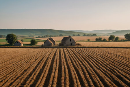 Farmhouses and nature in farmlandの素材