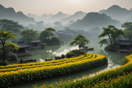 Chinese garden scenery in the mountains and riversの素材