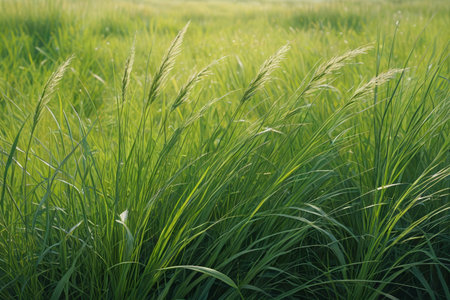 Green grass swaying in the wind in the sunの素材