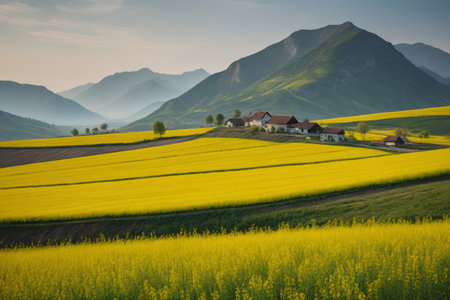 Yellow rapeseed fields in the mountains and village landscapeの素材