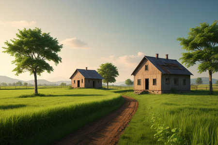 Wooden houses and paths in rural fieldsの素材