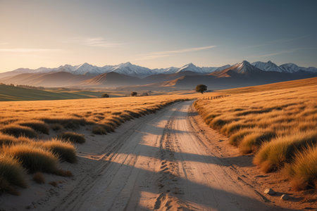 Wilderness Road and distant snowy mountain landscapeの素材