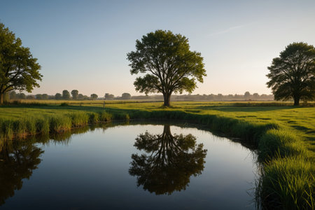 Landscape of trees by a field pondの素材