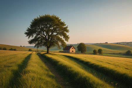Pastoral scenery of large trees and huts in the fieldsの素材
