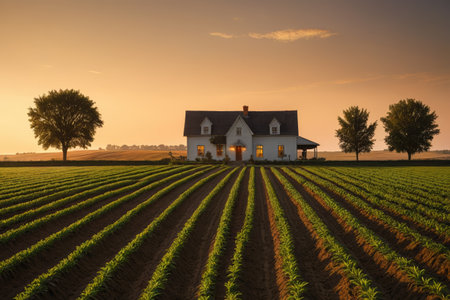 Sunset view of a country cottage in the fieldsの素材