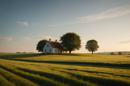 Cottages and green trees in the fieldsの素材