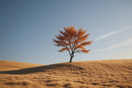 A single red leaf tree in the fieldの素材